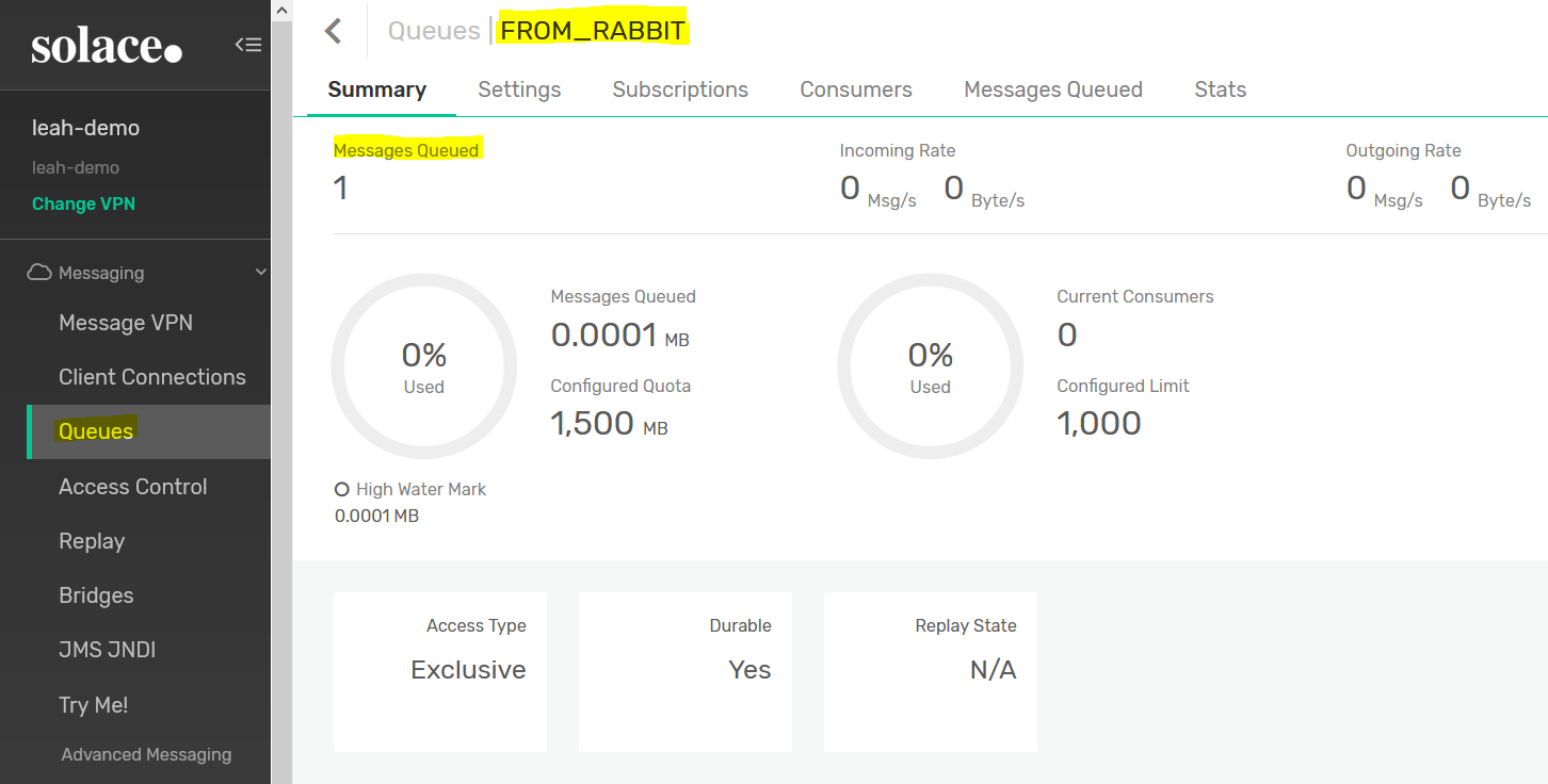 PubSub+ Manager Queues Tab Solace Receive Message