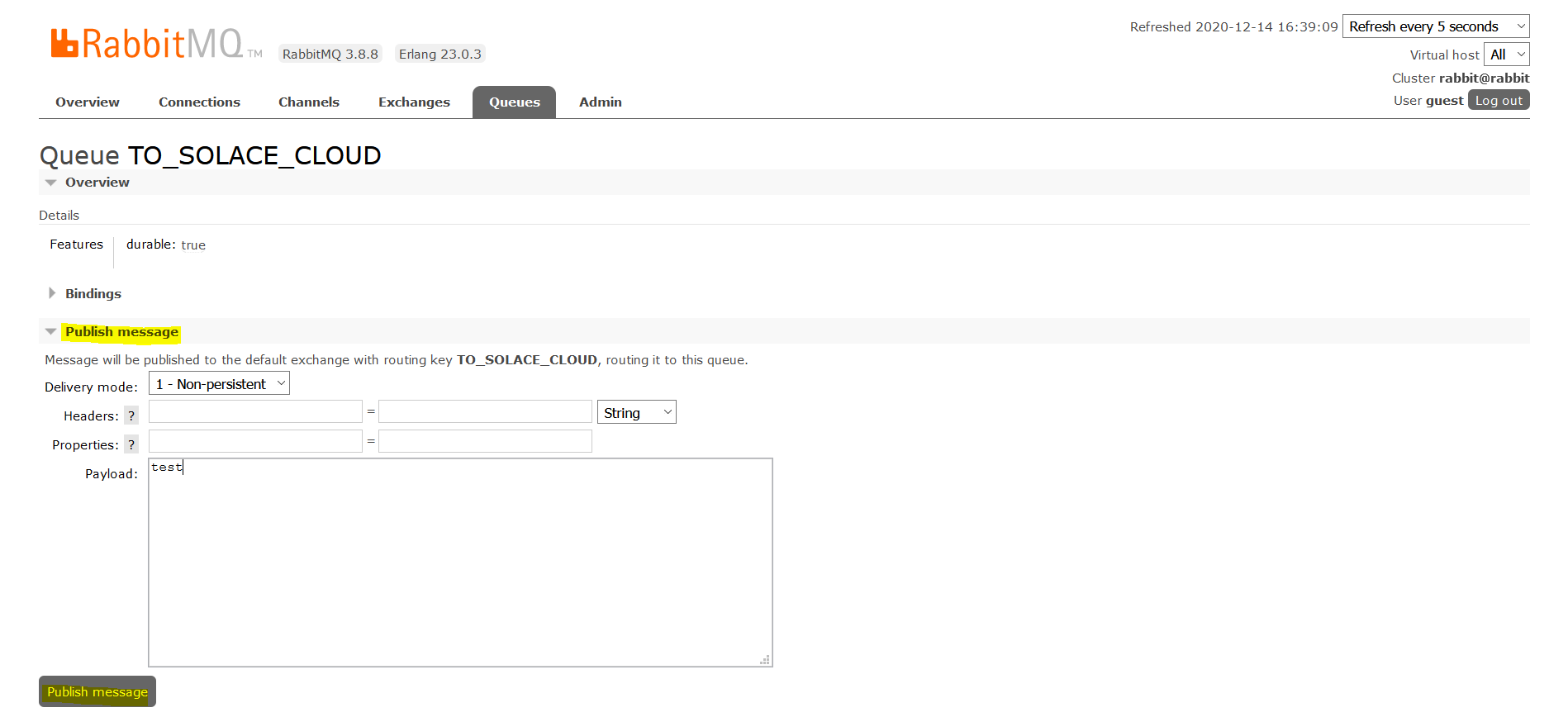 RabbitMQ Management Queues Tab Rabbit Send Message