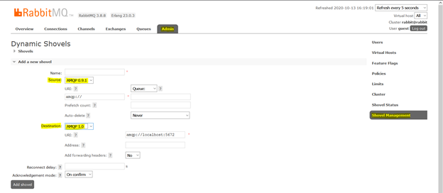 RabbitMQ Management Admin Tab Rabbit AMQP Versions