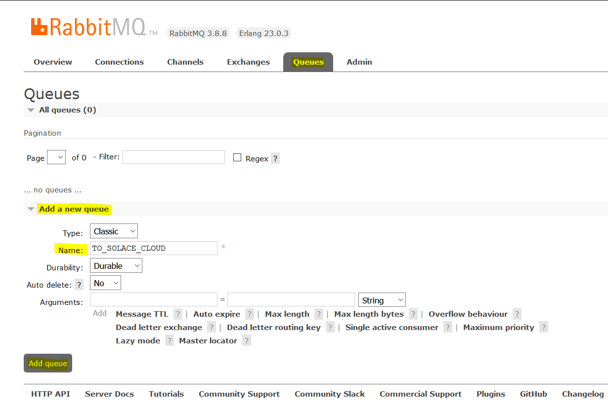 RabbitMQ Management Queue Tab Rabbit Add Queue